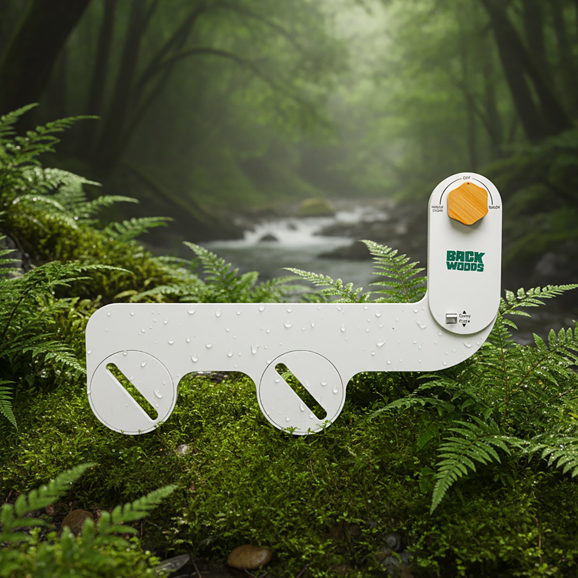 White backwoods bidet with wooden knob placed in nature on a forest floor